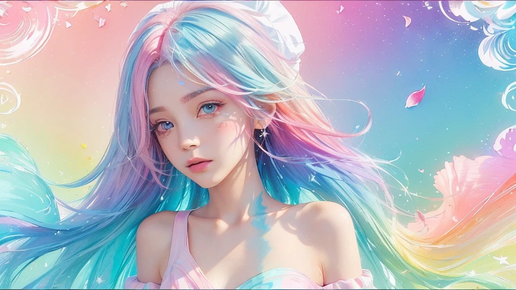 (Pink Fashion dress:1.9),(Colorful hair: 1.8), (all the colours of the rainbow: 1.8),(((((vertical painting:1.6))), (painting:1.6),front, comics, illustrations, paintings, large eyes, crystal clear eyes,( rainbow color gradient high ponytail:1.7), exquisite makeup, closed mouth,(Small Fresh: 1.5),(Wipe Chest: 1.6) ,long eyelashes, white off shoulder T-shirt, White Shoulder Shirt,looking at the audience, large watery eyes, (rainbow colored hair:1.6), color splash, (solo:1.8), color splash, color explosion, thick paint style, messy lines, ((shining)),(colorful), (colorful), (colorful), colorful, Thick Paint Style, (Splash) (Color Splash), Vertical Painting, Upper Body, Paint Splash, Acrylic Pigment, Gradient, Paint, Highest Image Quality, Highest Quality, Masterpiece, Solo, Depth of Field, Face Paint, colorful clothes, (Elegant: 1.2), gorgeous,long hair, wind, (Elegant: 1.3), (Petals: 1.4),(((masterpiece))),(((best quality))),((ultra-detailed)),(illustration),(dynamic angle),((floating)),(paint),((disheveled hair)),(solo),(1girl) , (((detailed anima face))),((beautiful detailed face)),collar,bare shoulders,white hair, ((colorful hair)),((streaked hair)),beautiful detailed eyes,(Gradient color eyes),(((colorful eyes))),(((colorful background))),(((high saturation))),(((surrounded by colorful splashes))),all bodies, same colored back grounds, Make the background bigger than the face, Mainly in the background, the face is small, I want the person to be on the right or left, angel image, Goddess, Goddess,sexy,soft,,fantastic,sparkling , The person is on the edge, (masterpiece, top quality, best quality,watercolor (medium),official art, beautiful and aesthetic:1.2),(1girl:1.3), (fractal art:1.3),upper body, from side, looking at viewer,patterns,(rainbow color Hair,colorful hair,half blue and half pink hair:1.2),water,liquid, cloud,colorful, starry,stars,,moon,star night, "Generate an image of the character with the background changed to a fantastical night scene, like O