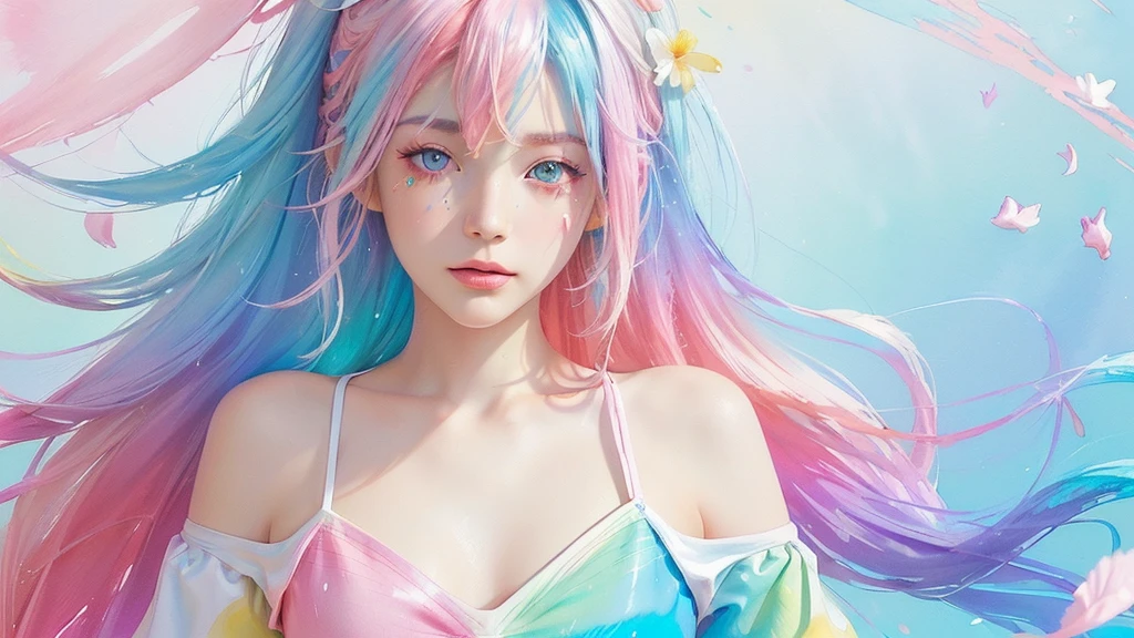 (Pink Fashion dress:1.9),(Colorful hair: 1.8), (all the colours of the rainbow: 1.8),(((((vertical painting:1.6))), (painting:1.6),front, comics, illustrations, paintings, large eyes, crystal clear eyes,( rainbow color gradient high ponytail:1.7), exquisite makeup, closed mouth,(Small Fresh: 1.5),(Wipe Chest: 1.6) ,long eyelashes, white off shoulder T-shirt, White Shoulder Shirt,looking at the audience, large watery eyes, (rainbow colored hair:1.6), color splash, (solo:1.8), color splash, color explosion, thick paint style, messy lines, ((shining)),(colorful), (colorful), (colorful), colorful, Thick Paint Style, (Splash) (Color Splash), Vertical Painting, Upper Body, Paint Splash, Acrylic Pigment, Gradient, Paint, Highest Image Quality, Highest Quality, Masterpiece, Solo, Depth of Field, Face Paint, colorful clothes, (Elegant: 1.2), gorgeous,long hair, wind, (Elegant: 1.3), (Petals: 1.4),(((masterpiece))),(((best quality))),((ultra-detailed)),(illustration),(dynamic angle),((floating)),(paint),((disheveled hair)),(solo),(1girl) , (((detailed anima face))),((beautiful detailed face)),collar,bare shoulders,white hair, ((colorful hair)),((streaked hair)),beautiful detailed eyes,(Gradient color eyes),(((colorful eyes))),(((colorful background))),(((high saturation))),(((surrounded by colorful splashes))),all bodies, same colored back grounds, Make the background bigger than the face, Mainly in the background, the face is small, I want the person to be on the right or left, angel image, Goddess, Goddess,sexy,soft,,fantastic,sparkling , The person is on the edge, (masterpiece, top quality, best quality,watercolor (medium),official art, beautiful and aesthetic:1.2),(1girl:1.3), (fractal art:1.3),upper body, from side, looking at viewer,patterns,(rainbow color Hair,colorful hair,half blue and half pink hair:1.2),water,liquid, cloud,colorful, starry,stars,,moon,star night, "Generate an image of the character with the background changed to a fantastical night scene, like O
