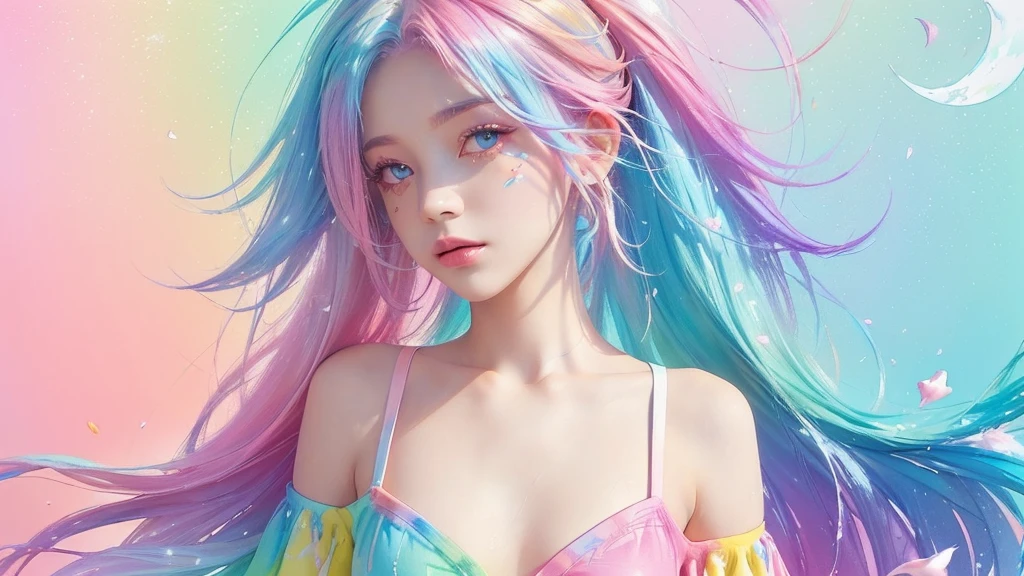 (Pink Fashion dress:1.9),(Colorful hair: 1.8), (all the colours of the rainbow: 1.8),(((((vertical painting:1.6))), (painting:1.6),front, comics, illustrations, paintings, large eyes, crystal clear eyes,( rainbow color gradient high ponytail:1.7), exquisite makeup, closed mouth,(Small Fresh: 1.5),(Wipe Chest: 1.6) ,long eyelashes, white off shoulder T-shirt, White Shoulder Shirt,looking at the audience, large watery eyes, (rainbow colored hair:1.6), color splash, (solo:1.8), color splash, color explosion, thick paint style, messy lines, ((shining)),(colorful), (colorful), (colorful), colorful, Thick Paint Style, (Splash) (Color Splash), Vertical Painting, Upper Body, Paint Splash, Acrylic Pigment, Gradient, Paint, Highest Image Quality, Highest Quality, Masterpiece, Solo, Depth of Field, Face Paint, colorful clothes, (Elegant: 1.2), gorgeous,long hair, wind, (Elegant: 1.3), (Petals: 1.4),(((masterpiece))),(((best quality))),((ultra-detailed)),(illustration),(dynamic angle),((floating)),(paint),((disheveled hair)),(solo),(1girl) , (((detailed anima face))),((beautiful detailed face)),collar,bare shoulders,white hair, ((colorful hair)),((streaked hair)),beautiful detailed eyes,(Gradient color eyes),(((colorful eyes))),(((colorful background))),(((high saturation))),(((surrounded by colorful splashes))),all bodies, same colored back grounds, Make the background bigger than the face, Mainly in the background, the face is small, I want the person to be on the right or left, angel image, Goddess, Goddess,sexy,soft,,fantastic,sparkling , The person is on the edge, (masterpiece, top quality, best quality,watercolor (medium),official art, beautiful and aesthetic:1.2),(1girl:1.3), (fractal art:1.3),upper body, from side, looking at viewer,patterns,(rainbow color Hair,colorful hair,half blue and half pink hair:1.2),water,liquid, cloud,colorful, starry,stars,,moon,star night, "Generate an image of the character with the background changed to a fantastical night scene, like O