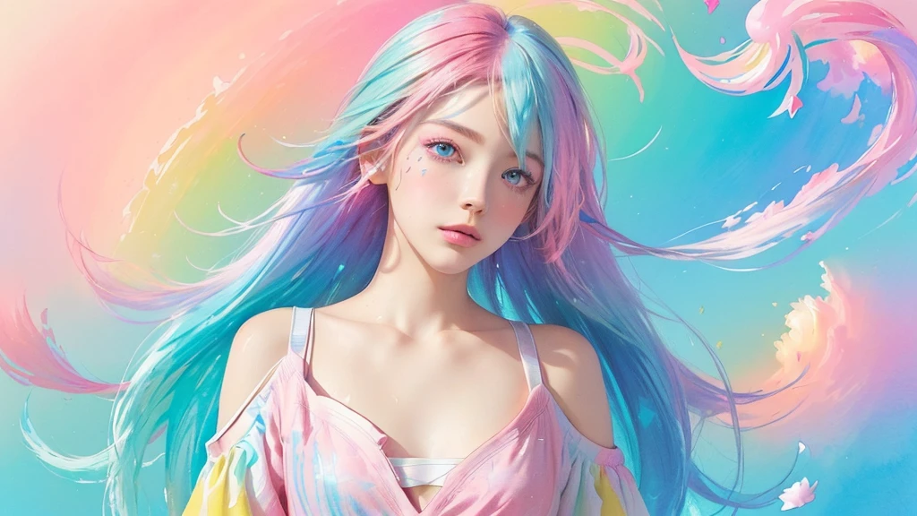 (Pink Fashion dress:1.9),(Colorful hair: 1.8), (all the colours of the rainbow: 1.8),(((((vertical painting:1.6))), (painting:1.6),front, comics, illustrations, paintings, large eyes, crystal clear eyes,( rainbow color gradient high ponytail:1.7), exquisite makeup, closed mouth,(Small Fresh: 1.5),(Wipe Chest: 1.6) ,long eyelashes, white off shoulder T-shirt, White Shoulder Shirt,looking at the audience, large watery eyes, (rainbow colored hair:1.6), color splash, (solo:1.8), color splash, color explosion, thick paint style, messy lines, ((shining)),(colorful), (colorful), (colorful), colorful, Thick Paint Style, (Splash) (Color Splash), Vertical Painting, Upper Body, Paint Splash, Acrylic Pigment, Gradient, Paint, Highest Image Quality, Highest Quality, Masterpiece, Solo, Depth of Field, Face Paint, colorful clothes, (Elegant: 1.2), gorgeous,long hair, wind, (Elegant: 1.3), (Petals: 1.4),(((masterpiece))),(((best quality))),((ultra-detailed)),(illustration),(dynamic angle),((floating)),(paint),((disheveled hair)),(solo),(1girl) , (((detailed anima face))),((beautiful detailed face)),collar,bare shoulders,white hair, ((colorful hair)),((streaked hair)),beautiful detailed eyes,(Gradient color eyes),(((colorful eyes))),(((colorful background))),(((high saturation))),(((surrounded by colorful splashes))),all bodies, same colored back grounds, Make the background bigger than the face, Mainly in the background, the face is small, I want the person to be on the right or left, angel image, Goddess, Goddess,sexy,soft,,fantastic,sparkling , The person is on the edge, (masterpiece, top quality, best quality,watercolor (medium),official art, beautiful and aesthetic:1.2),(1girl:1.3), (fractal art:1.3),upper body, from side, looking at viewer,patterns,(rainbow color Hair,colorful hair,half blue and half pink hair:1.2),water,liquid, cloud,colorful, starry,stars,,moon,star night, "Generate an image of the character with the background changed to a fantastical night scene, like O