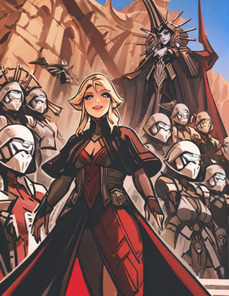 Une femme seule, Katherine whynnik en seigneur sith, inspiré de star Wars old republic, en armure moulante noir, marche dans des ruines d'un temple sith de koriban sombre, sabre laser rouge en main, a un regard fort, un visage sadique et ensorcelante, démarche gracieuse, courbe parfaite pour le corps.