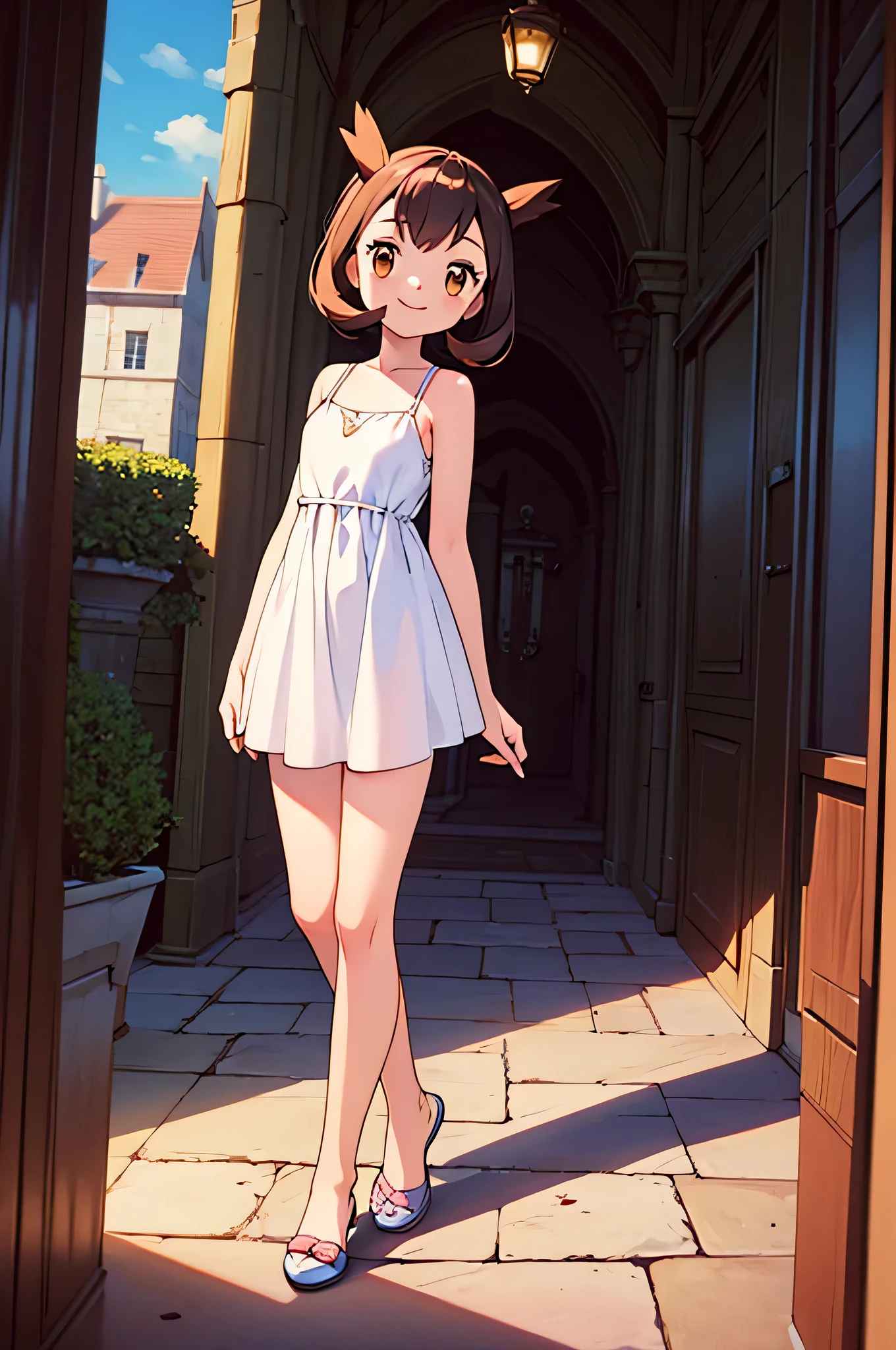 masterpiece, best quality, highres, outdoors, small breasts, 1 girl, Solo, Pokemon Heroes (Bianca), Brown Eyes, Beautiful Detail Eyes, Brown Hair, hands are down, Smile, Bare Neck, Bare Shoulders, white sundress dress, light smile, intricate details, sharp focus, high resolution, sunlight, standing straight, inside the Werribee Park Mansion, and a lovely hallway with a staircase, cowboy shot, cinema lighting
