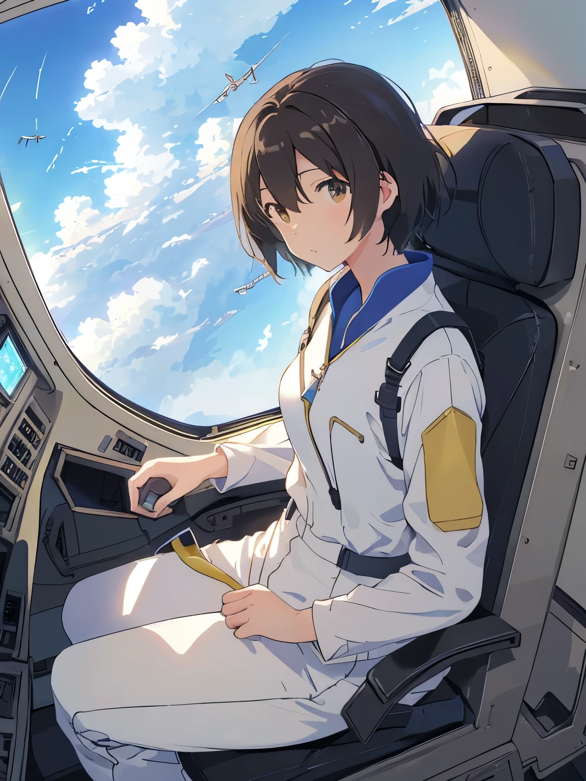 best quality, masterpiece, (独奏:1.2), (1 Female:1.2)、(Female Pilots)、Age 25、Larger breasts、Slender figure、(Sit in a seat inside the retro cockpit of an airplane:1.3)、(Operate the wall switch:1.3)、(Yellow flight suit:1.3)、(White highlight in pupil:1.2)、Reddish brown eyes、(Black-haired:1.2)、(Short Hair)、White skin、(blush)、(Serious expression)、(Large windows:1.3)、(Blue sky and sea of clouds outside the window)、(in flight)、Makoto Shinkai style sky and clouds