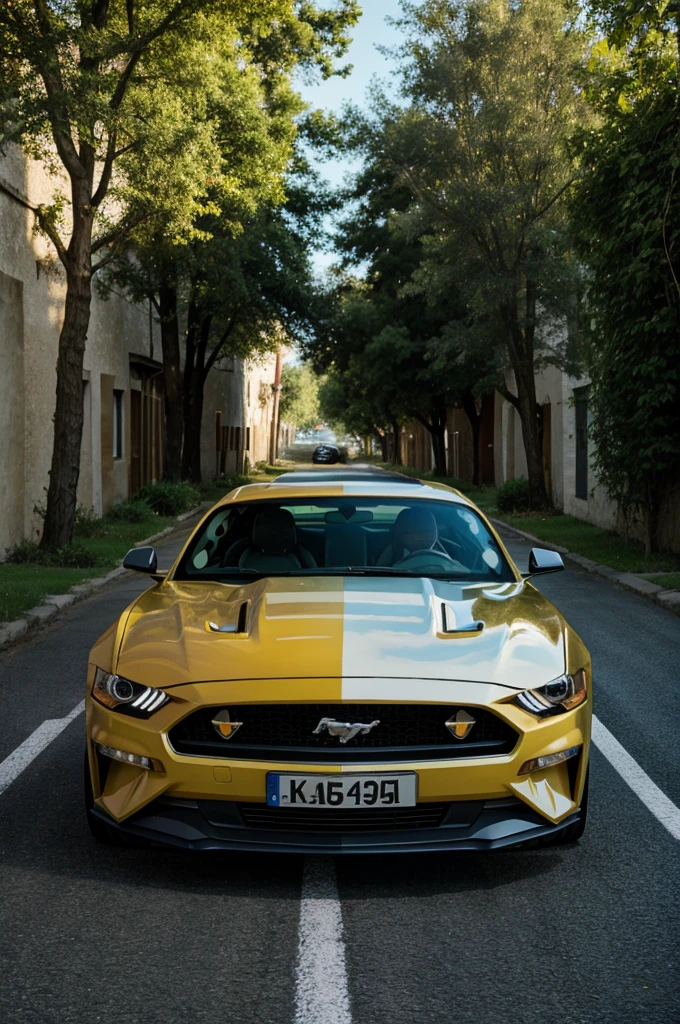 Mustang car with side pose, high exposure standing on a narrow road