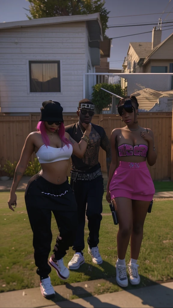 three people in a yard with a house in the background, portrait of a pink gang, secondlife, gta vice city style, westside, second life avatar, daz, gta, rap scene, gang, ariana grande in gta v, imvu, gta v street style, 2k, 2 k, thugs, in a suburb, in front of the house, thug life