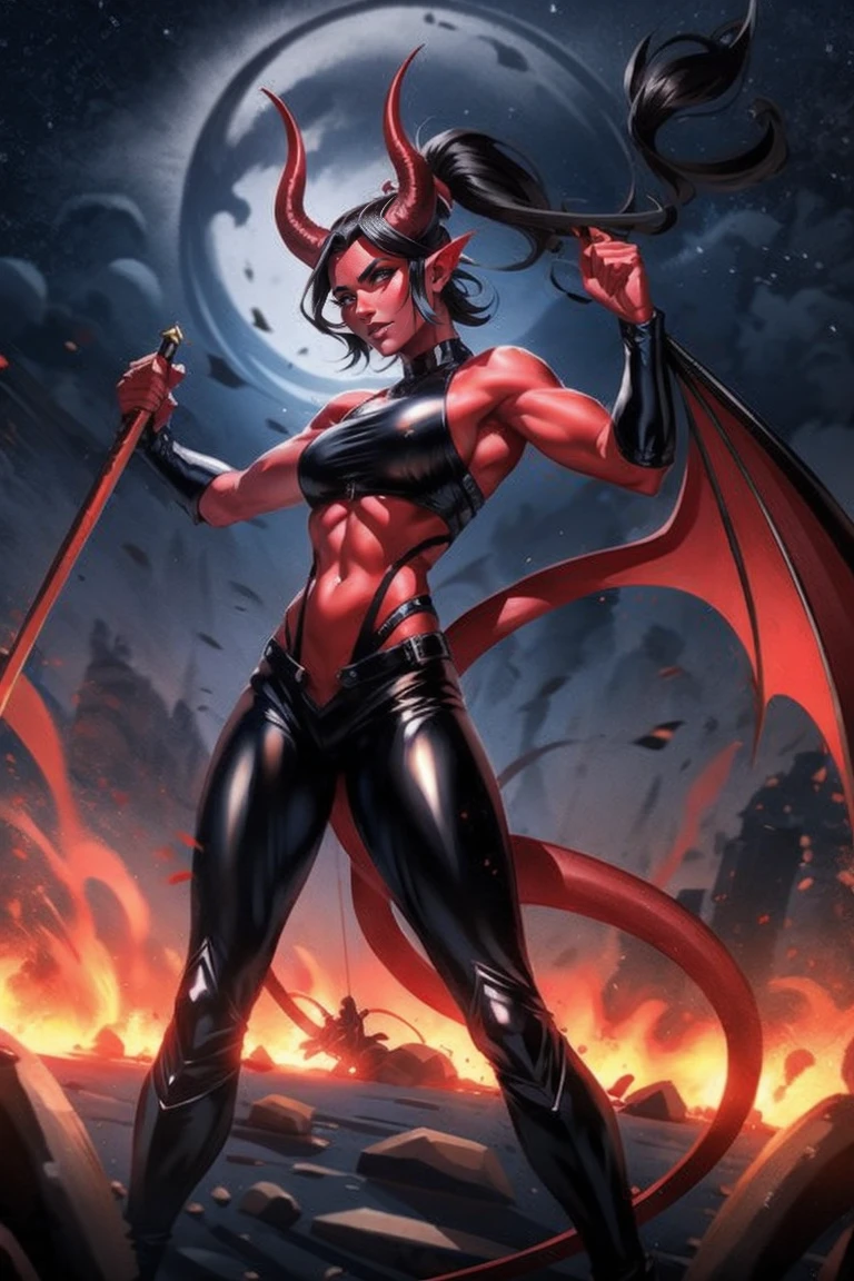 Red skin succubus tiefling, medium , black horns, wings, huge tail, black leather, crop top, long flowing pelvic curtain, tall, toned, graceful, thin, long black ponytail. Action scene, whip. Dark scene, explosions, night sky.