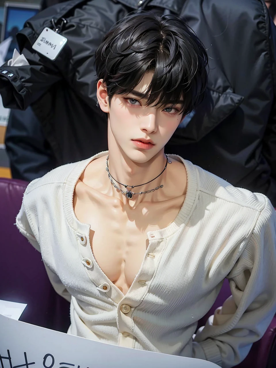 a close up of a person wearing a black hoodie and a necklace, cai xukun, Jung Jaehyun, hyung tae, Yanjun Chengt, jinyoung shin, pale korean adorable face, steven jung, Taejune Kim, everyone from the nct group, inspired by Bian Shoumin, hong june hyung, jia, hsiao-ron, ateez, san, ateez Choi san, kpop boy, korean male face 