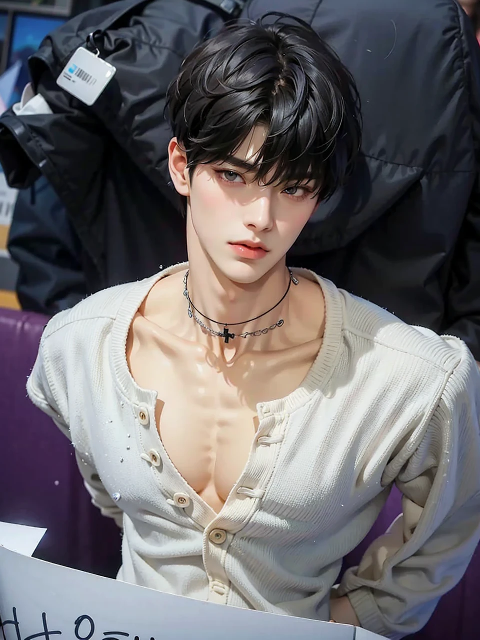 a close up of a person wearing a black hoodie and a necklace, cai xukun, Jung Jaehyun, hyung tae, Yanjun Chengt, jinyoung shin, pale korean adorable face, steven jung, Taejune Kim, everyone from the nct group, inspired by Bian Shoumin, hong june hyung, jia, hsiao-ron, ateez, san, ateez Choi san, kpop boy, korean male face 