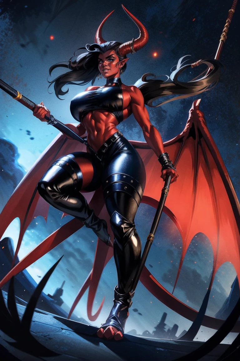 Red skin succubus tiefling, digitigrade legs, big medium breasts, black horns, wings, huge tail, black leather, crop top, long flowing pelvic curtain, tall, toned, graceful, thin, long black ponytail. Action scene, whip. Dark scene, explosions, night sky.