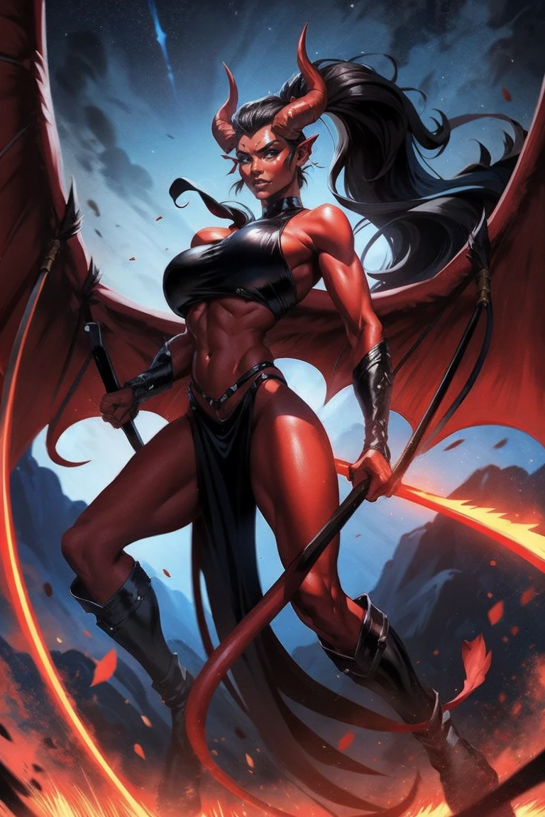 Red skin succubus tiefling, digitigrade legs, big medium breasts, black horns, wings, huge tail, black leather, crop top, long flowing pelvic curtain, tall, toned, graceful, thin, long black ponytail. Action scene, whip. Dark scene, explosions, night sky.