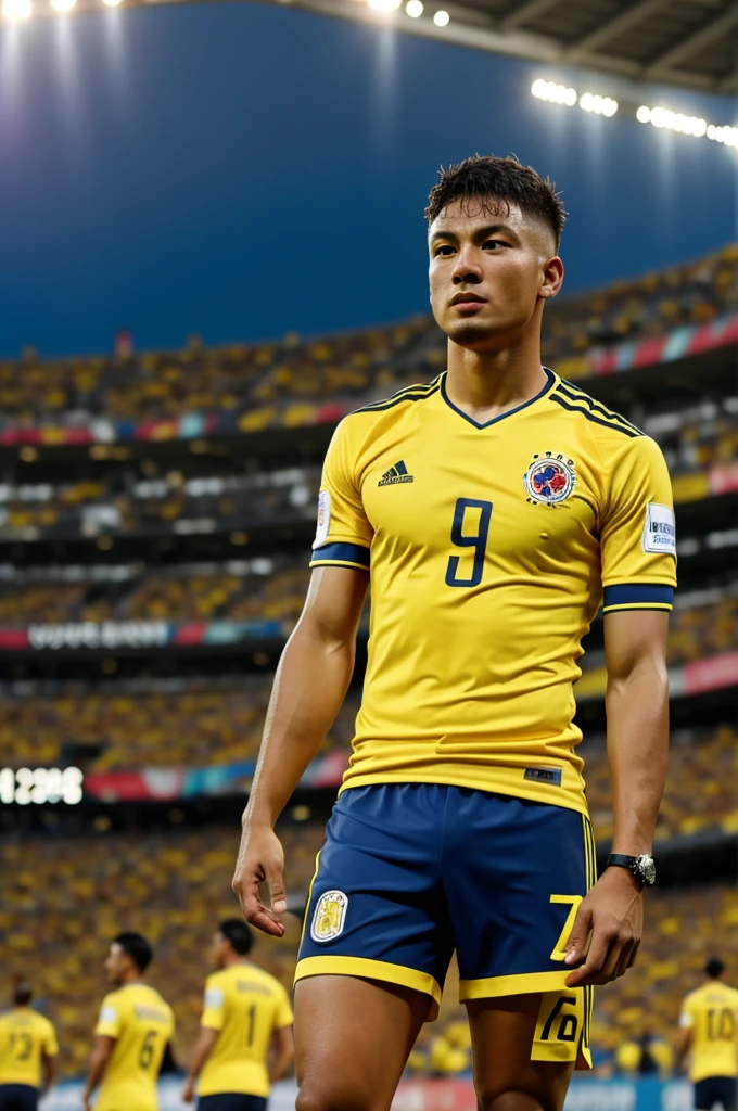 Yellow Colombia shirt with name hikari number 6 in the stadium at the back