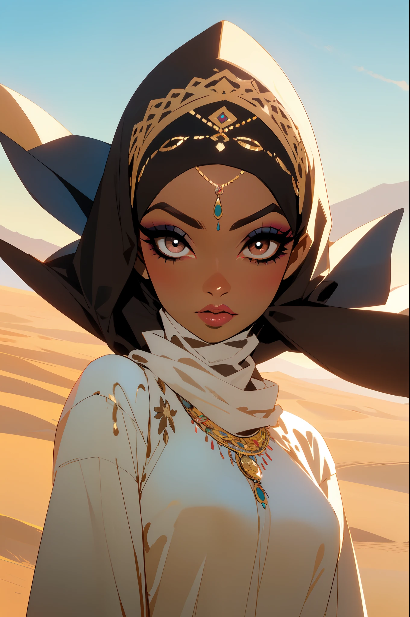 ((1 dark skinned  woman, beautifully makeup, eyeshadow, beautiful big eyes, long eye lashes, )),princess of desert, (((wearing hijab))), ((())),, (satin dress), looking at viewer, many necklaces, bracelets, (ornament), sun, desert background, , dramatic sky in natural light, with [soft shadows], fantasy, ((niji)), ,