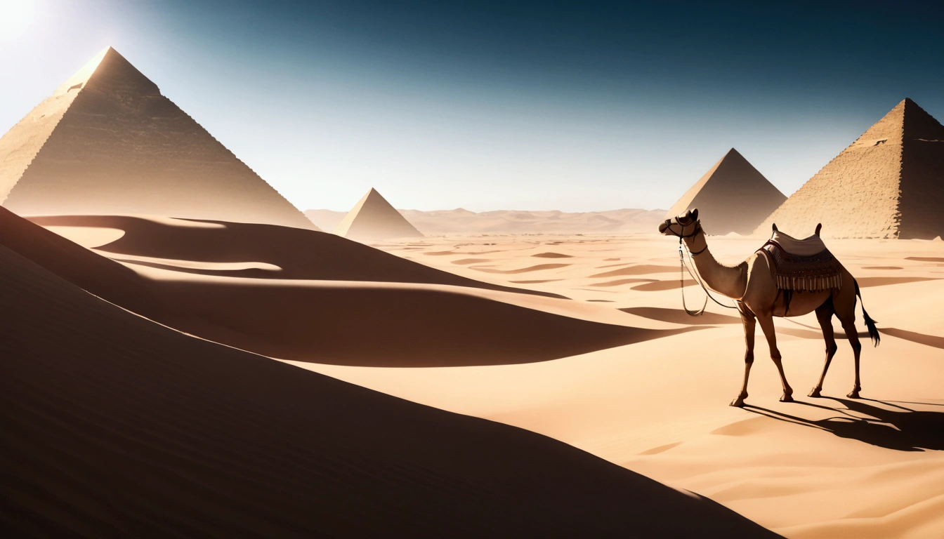 score 9, sorce photo, from side, wide shot, a young gay princess in egyptian style gorgeous dress, looking up at the pyramids, one hand up, clear blue sky, Very strong sunlight, endless desert, camel caravan, hyper detailed, cinematic lighting, 8k, highly detailed face and eyes, intricate ornate jewelry, flowing fabric, masterpiece,