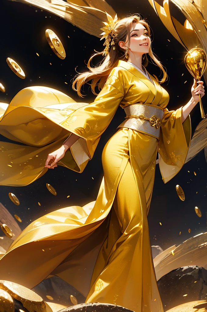 A beautiful woman in a gold kimono smiles against the backdrop of a mountain of gold nuggets, gold coins, and gold dust sparkling in the air.