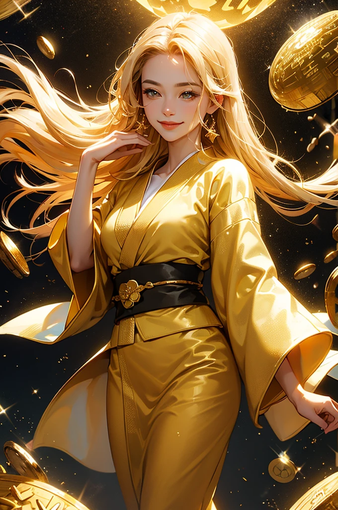 A beautiful woman in a gold kimono smiles against the backdrop of a mountain of gold nuggets, gold coins, and gold dust sparkling in the air.