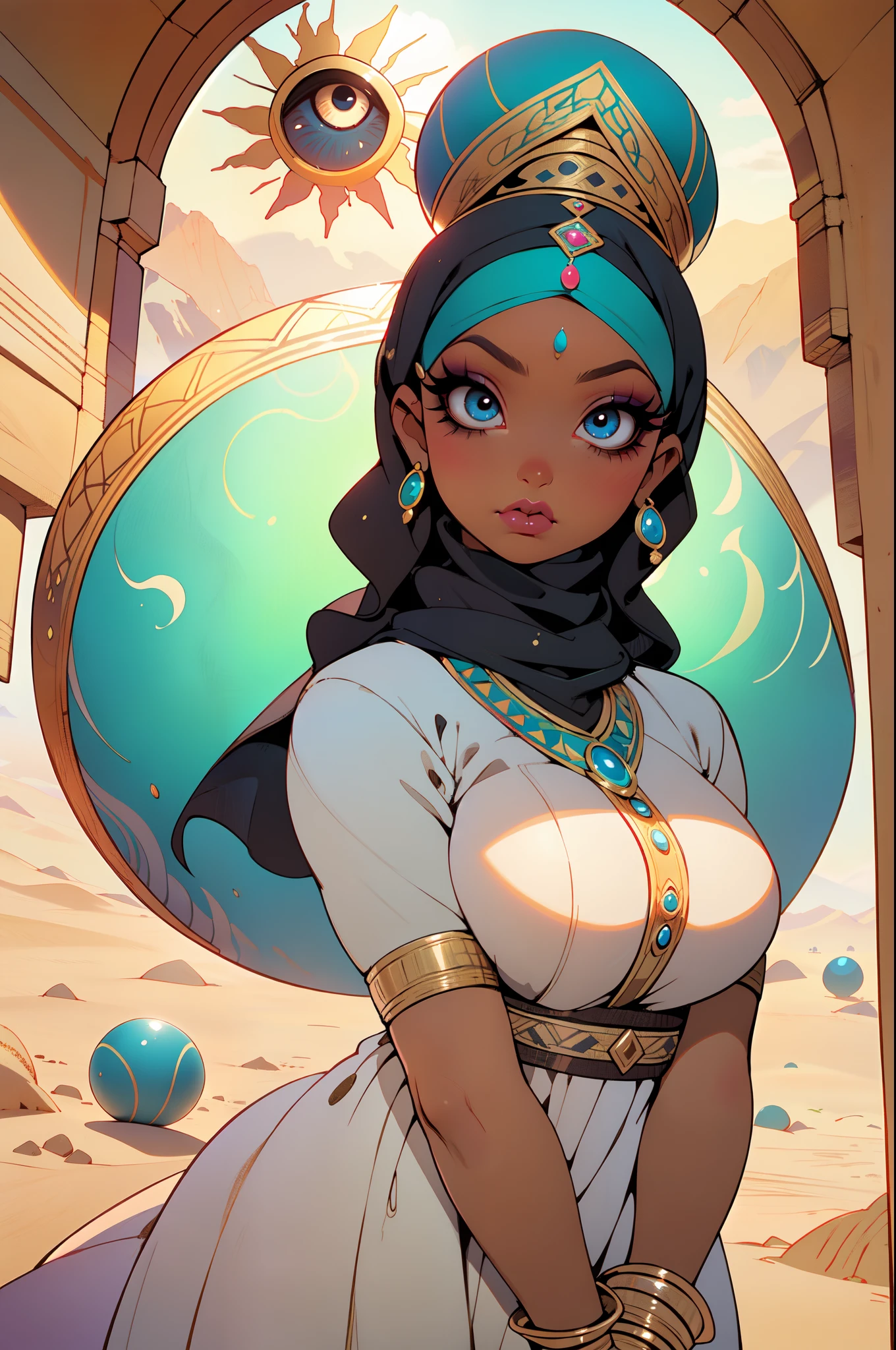 ((best quality)), ((masterpiece)), (detailed), 1girl, oriental turban, mixed race girl, African American + Caucasian girl with lighter skin, young woman, royal, jewelry, princess, beautiful, , shoulders showing, silk clothing, skinny, , white hair, Japanese clothing, fantasy, middle eastern, head scarf, beautiful headwear, Japanese inspired design clothes