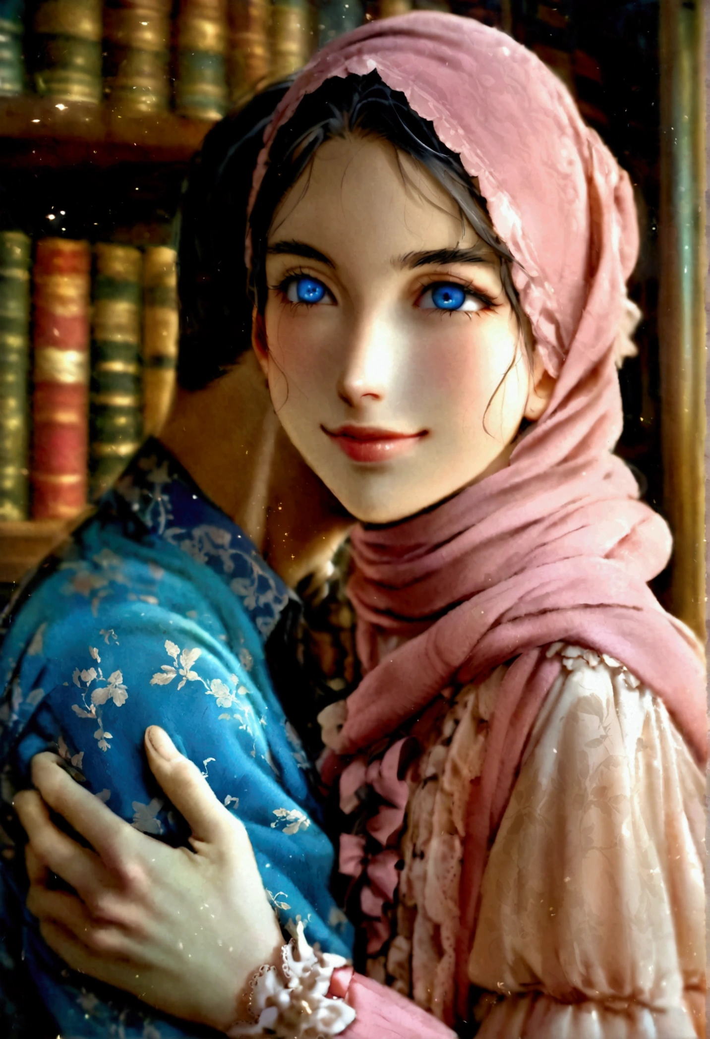 A young Victorian girl, around 23 years old, very beautiful, wearing a pink hijab, blue eyes, was hugged by a young Asian man from behind. Smiling, intimate, romantic. wearing simple clothes. It was in the library in the English mansion.