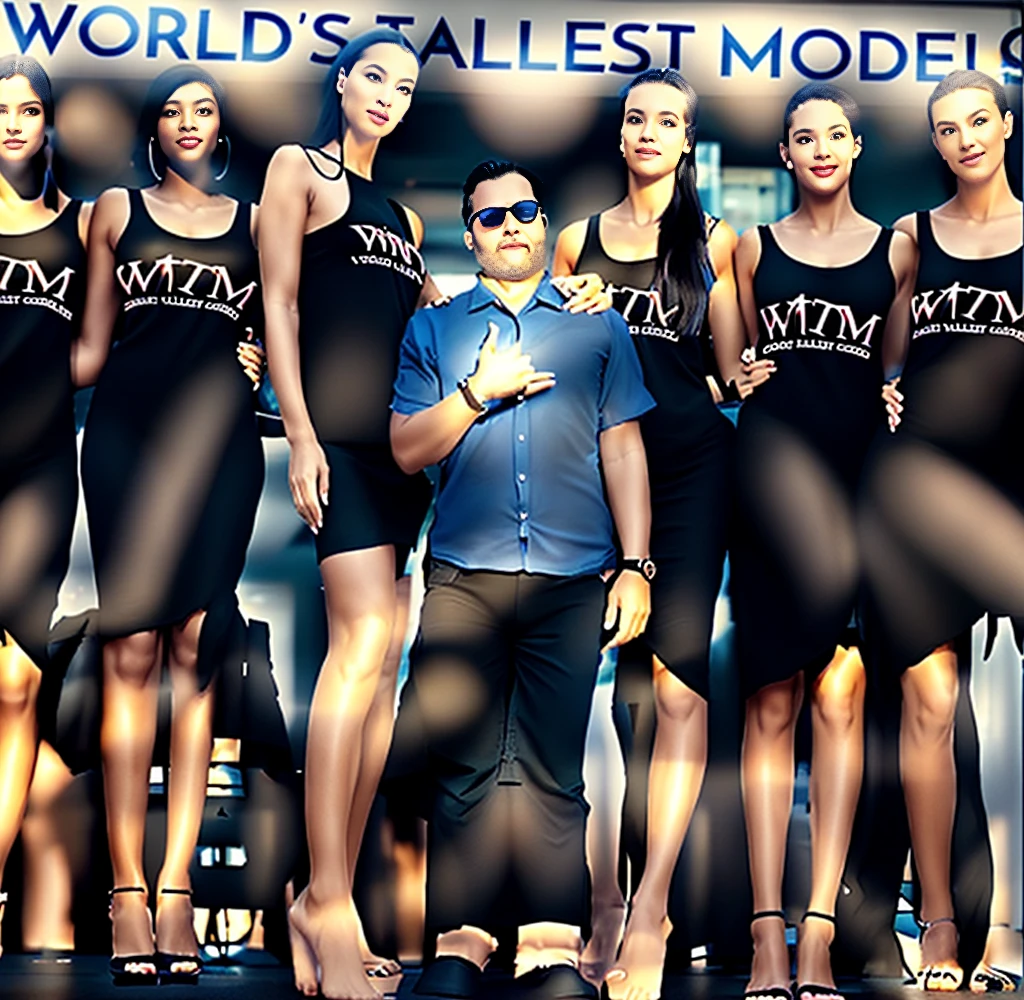 Three tall girls on the lfe left, three tall girls in the right, short man in the middle, the girls are much taller than the man, girls have big and cleavage, girls are wearing black, man is wearing blue shirt, girls are standing barefoot, man is wearing shoes,