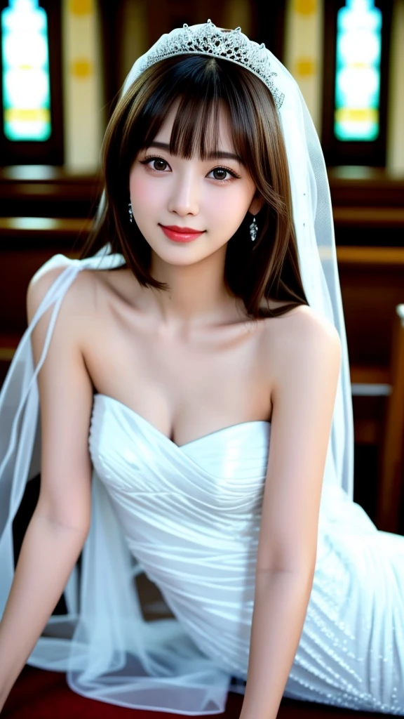 (highest quality:1.5)、(Realistic:1.5)、(Take a full-body photo:1.5)、Very detailed、High resolution、8k wallpaper、、Normal milk、Natural color lips、Cute Smile、Japanese women、20-year-old girl、Beautiful and elegant face、Perfect and beautiful face、Large, balanced eyes、Brunette's eyes、Beautiful and elegant face、Beautiful double eyelids、Natural Bangs、Beautiful thin nose、Beautiful Skin、Fair skin、Medium Bob Hair、Natural Bangs、Perfect and beautiful face、Slim face and figure、(Looking at the camera with a sweet smile)、Bright lighting、Professional Lighting、Forward lighting、Wedding dress、tiara、(wearing a white off-the-shoulder mermaid wedding dress)、Wedding ceremony in a church with beautiful stained glass、pose for a photo、