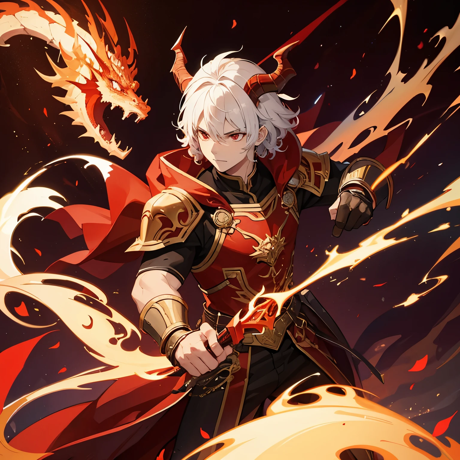 A male warrior with dragon horns, red eyes, and short curly white hair, wearing a red dragon-themed warrior outfit, holding a dragon-shaped dagger. Flaming and dark background, character illustration, anime style, high resolution, masterpiece.