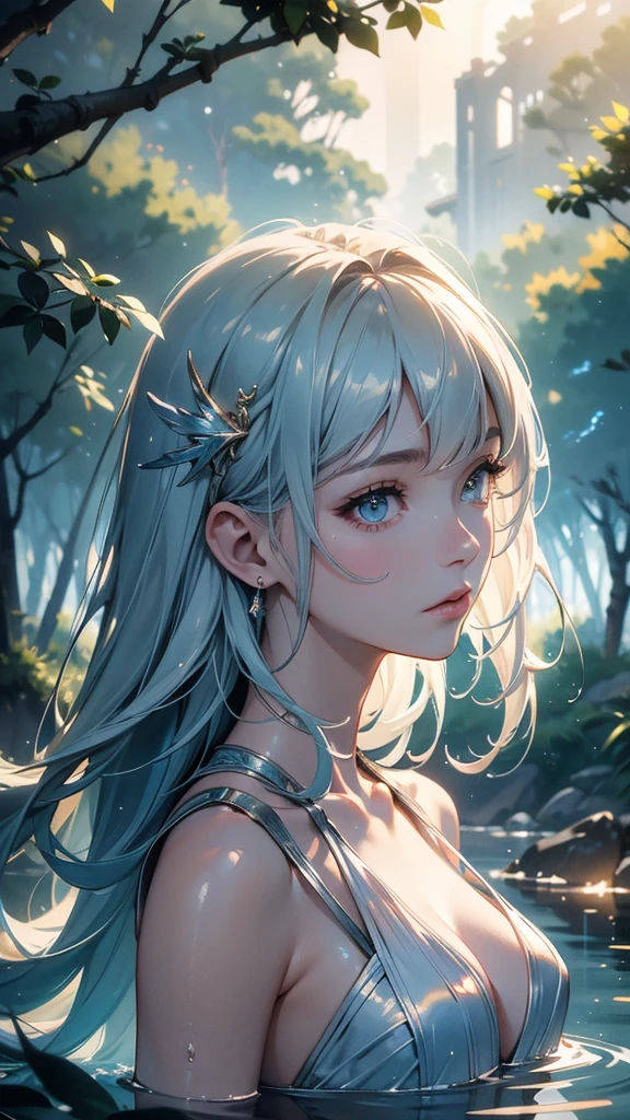 work of art, best qualityer, ultra epic details, creative, good lighting, excellent shading, light color tone, (4K), (face 8k), water effects, forest in the background, lightning and thunder, haos, tempest, rot, rosto angelical,, Perfection!