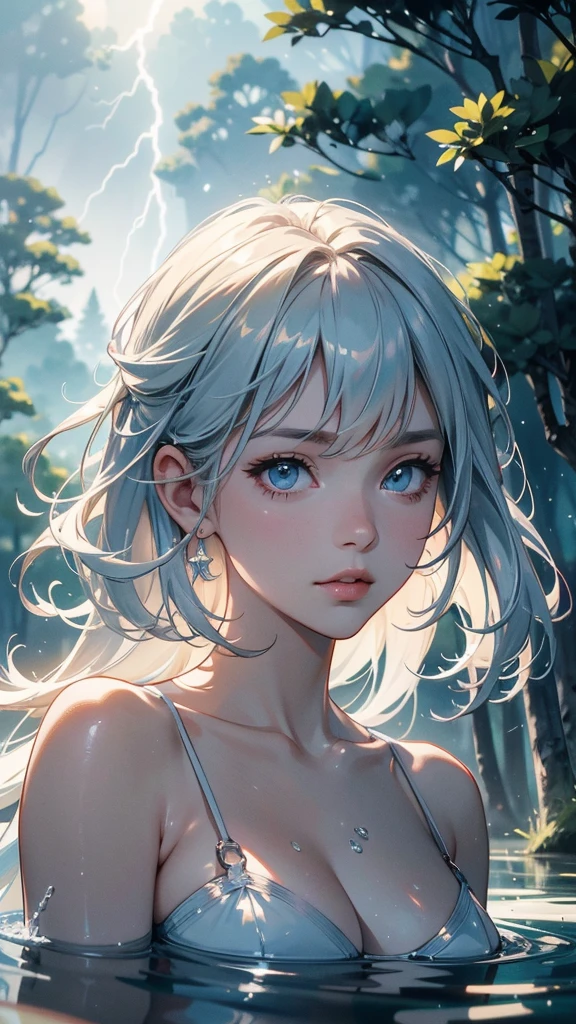 work of art, best qualityer, ultra epic details, creative, good lighting, excellent shading, light color tone, (4K), (face 8k), water effects, forest in the background, lightning and thunder, haos, tempest, rot, rosto angelical,, Perfection!