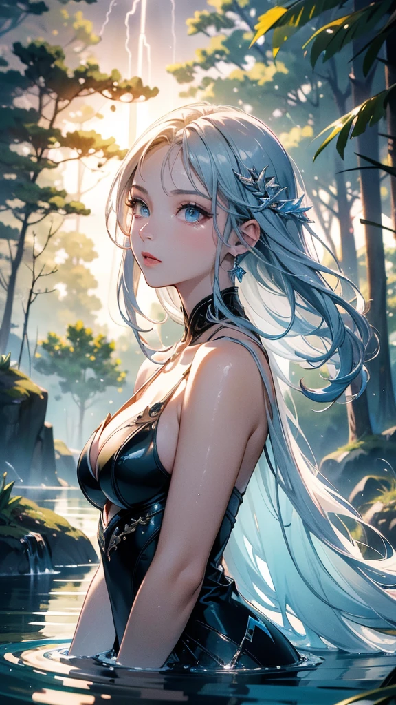 work of art, best qualityer, ultra epic details, creative, good lighting, excellent shading, light color tone, (4K), (face 8k), water effects, forest in the background, lightning and thunder, haos, tempest, rot, rosto angelical,, Perfection!