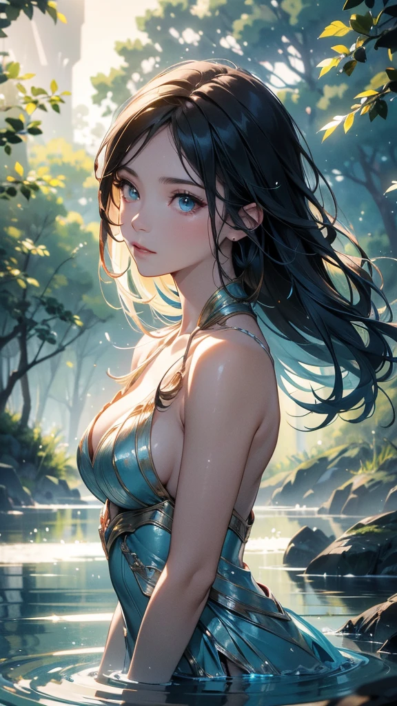 Master masterpiece, CG, 8k, high precision, deep valley, dense woods, stream, waterhole, a girl, black hair, clear eyes, tang costume, tulle, delicate hair ornaments, stud earrings, clouds in the distance, waterfall, ancient Chinese temple, ultra-wide angle, low angle, evening, golden light