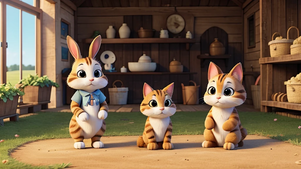 a bunny and a cat backgroun a farm