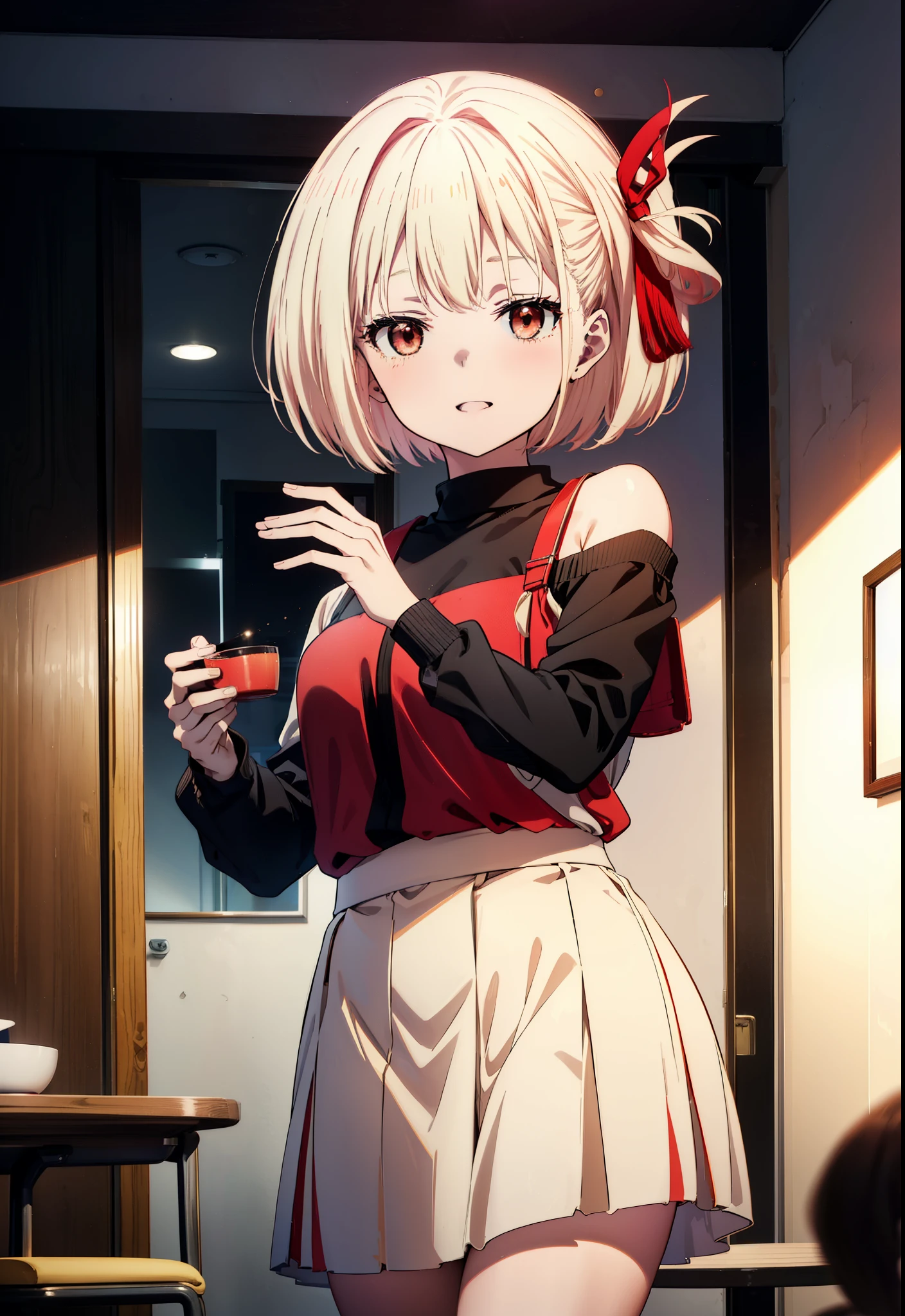 Chisato Nishikigi, short hair, bangs, Blonde, (Red eyes:1.5), hair ribbon, One side up, Bobcut,happy smile, smile, Open your mouth,Black-rimmed glasses,Red one-shoulder sweater,mini skirt,Black pantyhose,short boots,There is food on the table,トレイ in one hand,Chair,Walking,whole bodyがイラストに入るように,
break indoors,School,canteen,
break looking at viewer, whole body,
break (masterpiece:1.2), Highest quality, High resolution, unity 8k wallpaper, (figure:0.8), (Beautiful attention to detail:1.6), Highly detailed face, Perfect lighting, Highly detailed CG, (Perfect hands, Perfect Anatomy),