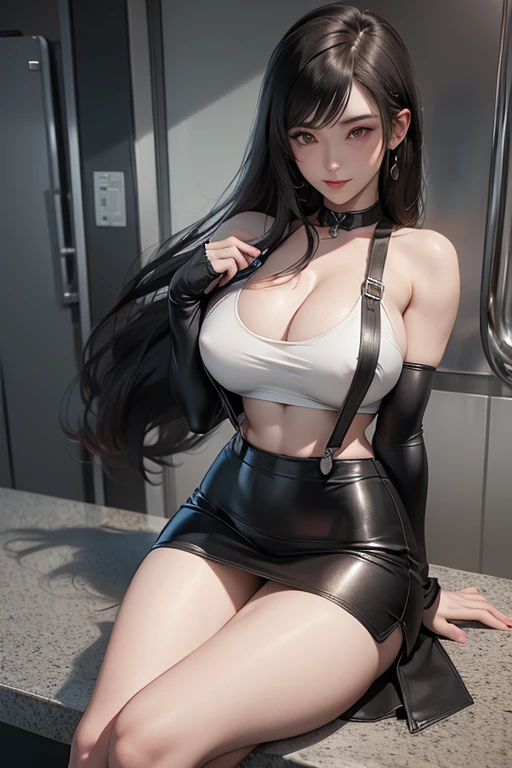 (((Full and soft breasts,)))(((Huge breasts))) (((Cleavage))) (Perfect curvy figure)(masterpiece), best quality, Expressive eyes, Perfect face, 1 girl, Solitary, De Fatifa, White cropped top, Elbow pads, Fingerless gloves, Suspenders, Pencil Skirt, Black socks, Red Boots, City, metallic City, night, Smile, Cross your legs, Strike a pose, sit, Upper Body, portrait, Looking at the audience,
