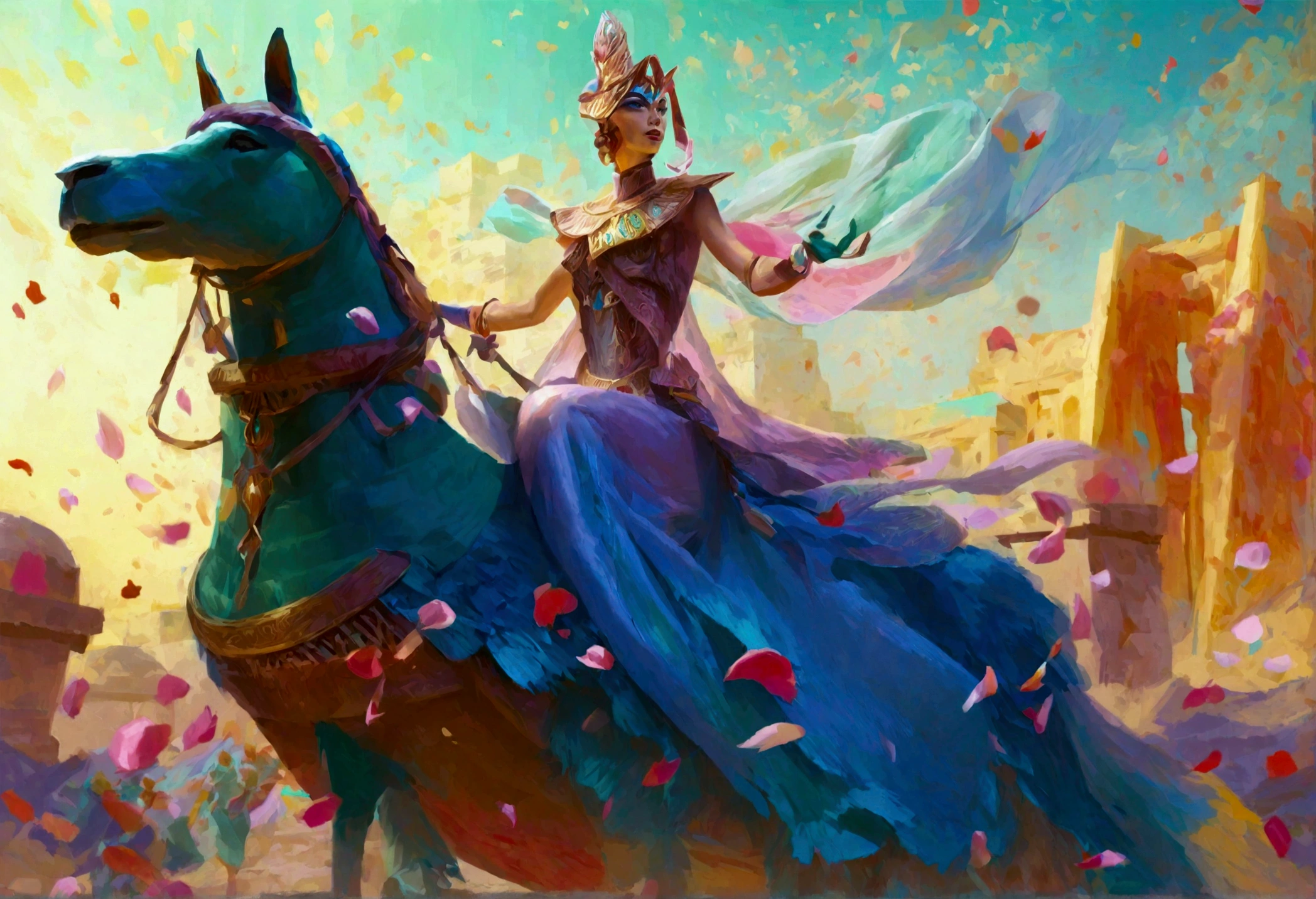 A huge blue-green humanoid female with a broad mouth, wearing a royal tiara and a sheer colorful cloak, riding on a hover barge in a desert setting, with slaves tossing flower petals around her, hyper detailed, ultra-realistic, 8K, photorealistic, intricate details, cinematic lighting, lush colors, dramatic shadows, volumetric lighting, depth of field, award winning digital art