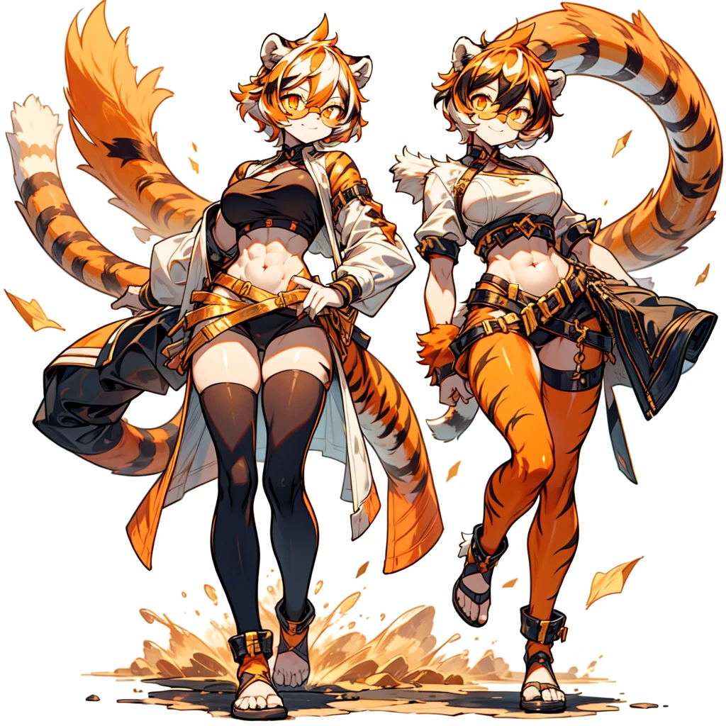 white background, full body, ((furry female:1.2)), Standing, animal ears, white hair, black hair, round eyewear, short hair, large breasts, muscle, tail, orange eyes, orange hair, multicolored hair, tiger girl, hair between eyes, tiger_ears, tiger_tail, orange-tinted_eyewear, tinted_eyewear, big breasts, evil smile, Shadows under feet, Abdominal muscles, (((Hooker outfit:1.2))), show body，Gold, lots of gold, gold ingots everywhere