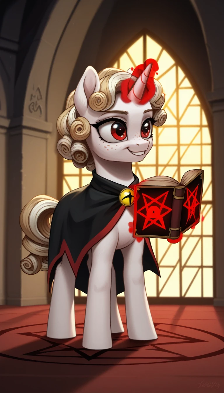score_9,score_8_up,score_7_up,score_6_up, filly, unicorn, white fur, curly blonde hair, freckles, red eyes, cutie mark , glowing backlight, fashion show, cult church scene, glitter, whimsical, enchanted, magical, fantasy art concept, intricate details, insane smile, blood splatter on face, floating, holding spell book, glowing horn, standing in a glowing pentagram