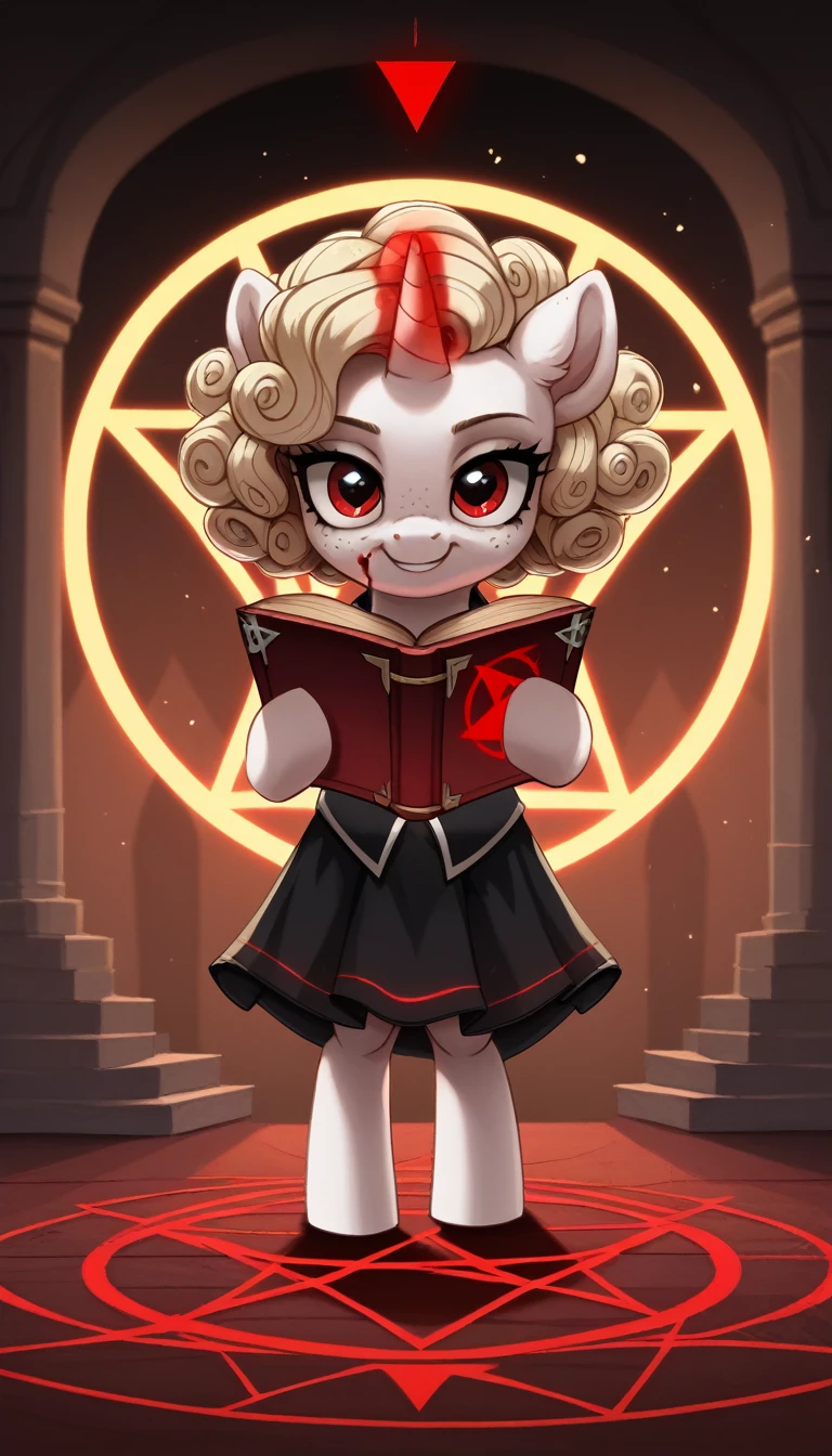 score_9,score_8_up,score_7_up,score_6_up, filly, unicorn, white fur, curly blonde hair, freckles, red eyes, cutie mark , glowing backlight, fashion show, cult church scene, glitter, whimsical, enchanted, magical, fantasy art concept, intricate details, insane smile, blood splatter on face, floating, holding spell book, glowing horn, standing in a glowing pentagram