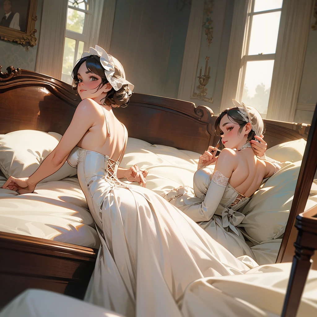 Wearing victorian classic 1950s clothing. sexy. Intricate details and realistic textures invite you to explore every aspect of this enchanting composition. Transparent white dress. Laying on the bed, backwards, looking back. Get ready to dive into a world where beauty and craftsmanship merge perfectly.