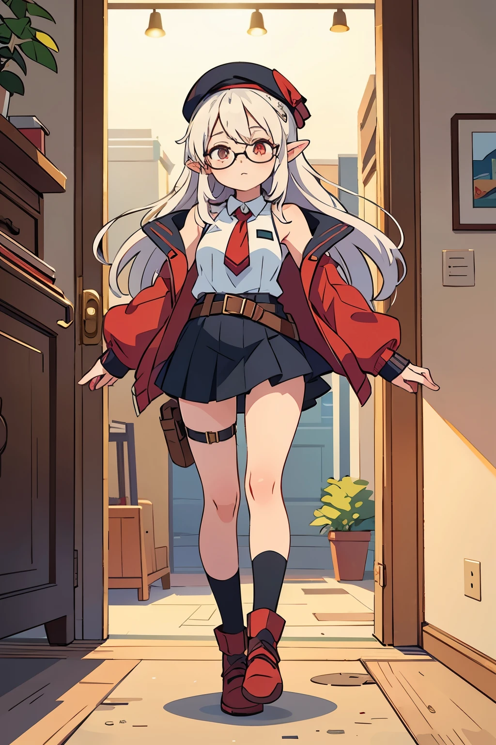 To create an anime-style illustration of a girl with white hair, full body beauty, black rimmed glasses, red uniform, and engineer motif. She should have striking red hair that evokes intelligence and creativity, and elven features such as pointed ears. Clothing should be fairly revealing, but preferably a sleeveless fitted jacket with a deep neckline, a short skirt, and perhaps stockings up to the thighs. Swimsuit. Illustrations should depict her full body in a gravity-defying pose to convey confidence and competence. Elements such as tool belts and engineering equipment should be included to emphasize the theme. She should wear a military-style beret. Her expression should be friendly, approachable, and inviting to visitors to the site. The design should balance professionalism with an attractive aesthetic and reflect a confident and powerful portrayal,