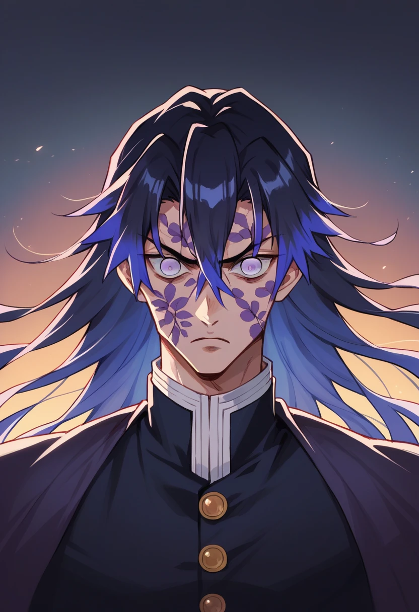 Personage of Kimetsu no Yaiba, thin chin, neutral eyes, long dark blue hair, Muichiro Tokito, black and purple striped haori, uma Purple long butcher blade, mist over face and body, darkness background