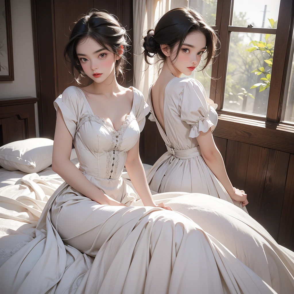 Wearing victorian classic 1950s clothing. sexy. Intricate details and realistic textures invite you to explore every aspect of this enchanting composition. Transparent white dress. Laying on the bed, backwards, looking back. Get ready to dive into a world where beauty and craftsmanship merge perfectly.