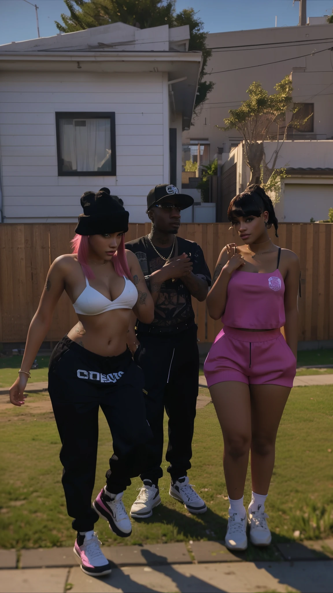 three people in a yard with a house in the background, portrait of a pink gang, secondlife, gta vice city style, westside, second life avatar, daz, gta, rap scene, gang, ariana grande in gta v, imvu, gta v street style, 2k, 2 k, thugs, in a suburb, in front of the house, thug life
