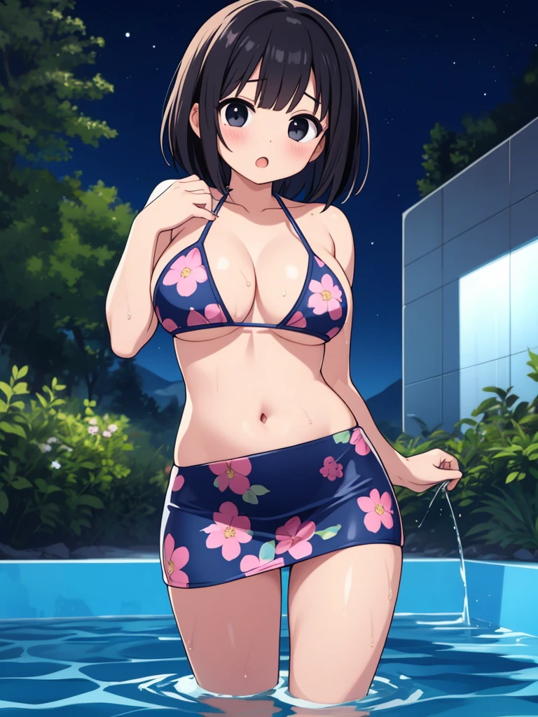 (masterpiece), best quality, (16k), expressive eyes, perfect face, BREAK, office lady, 1 girl, solo, large breast, navel, BREAK, ((pink floral print bikini)), BERAK, ((wet cobalt blue solid pencil mini skirt)), BREAK, bare arms, bare legs, shiny skin, wet body, BREAK, black hair, very short hair, wet hair, black eyes, BREAK, outdoors, in the pool, wading, night sky, standing, sad, :o, (cowboy shot), (from front), BREAK,