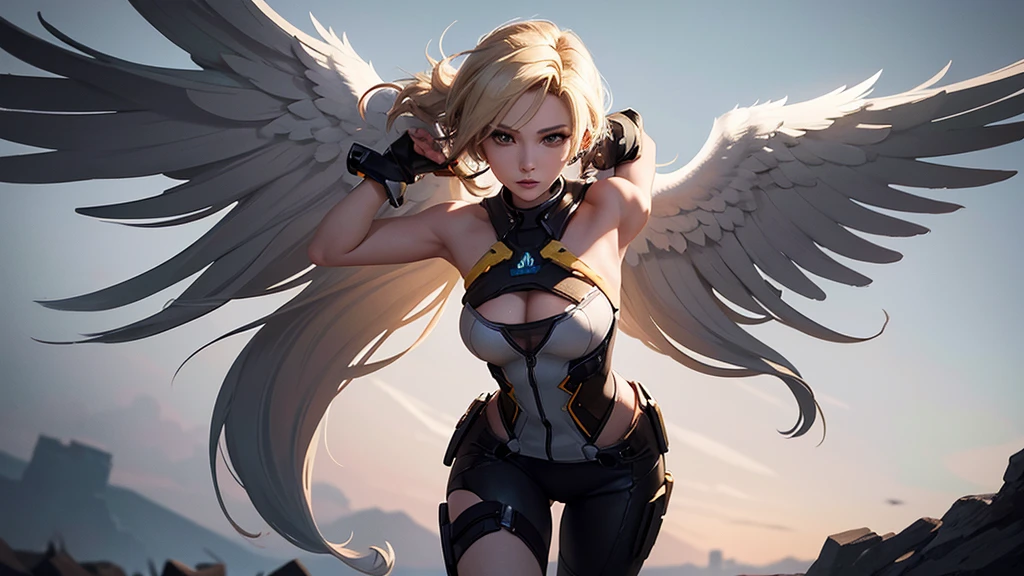 Mercy from Overwatch with angel wings, she naked, the lighting and background is bright realistic style, with high attention to detail and sharp focus. The colors are vivid and contrasted, with a slight desaturation. The lighting is dramatic, with shadows and highlights enhancing the overall composition. The medium used is a digital illustration, with a touch of photo-realistic elements to add depth and texture to the image. The final result is a masterpiece in ultra-high resolution, showcasing the intense and raw nature of Mercy's character.