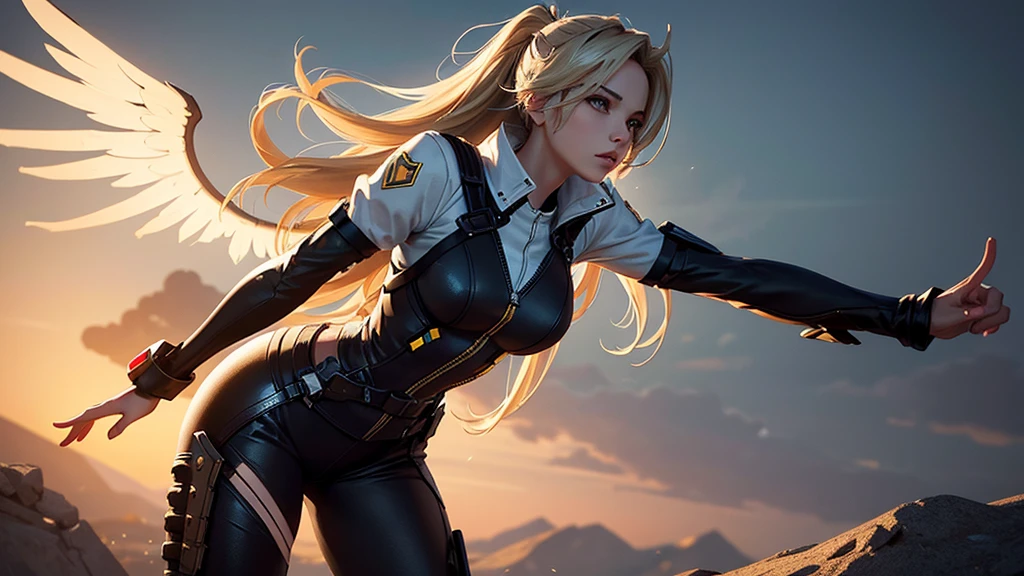 best quality, masterpiece, eye reflection, best quality, masterpiece, mercy eye reflection, alone, perfect sculptural body, blonde,overwatch mercy style hairstyle, green eyes, two arms, low-cut clothing, utilitarian belt, alone, command room, 8k, masterpiece, highres, absurdres, natural volumetric lighting and best shadows, deep depth of field, sharp focus, naughty face, super yummy, medium breasts,elements of warhammer 40k,hyper detailed scenery,sci-fi,full body, --auto --s2