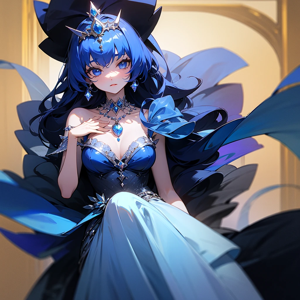 high resolution、Princess of the Sapphire Kingdom。Neat and clean、There is an air of adult elegance、With a sapphire tiara、Gorgeous sapphire necklace、Luxurious blue dress、Fantasy、like medieval europe。