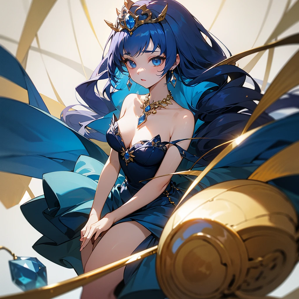 high resolution、Princess of the Sapphire Kingdom。Neat and clean、There is an air of adult elegance、With a sapphire tiara、Gorgeous sapphire necklace、Luxurious blue dress、Fantasy、like medieval europe。