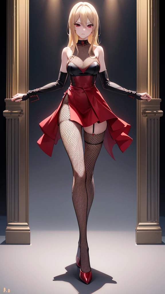 Full body, blonde hair, red eyes, slender body, fishnet stockings, casino, (Unbroken body), (Perfect body structure), (arms two), (legs two), highest quality, 4K, (High resolution:1.3) masterpiece, 1.2, Super detailed, HDR, Studio Lighting, Sharp Focus, Bright colors, Portrait, Warm tones, Soft Lighting