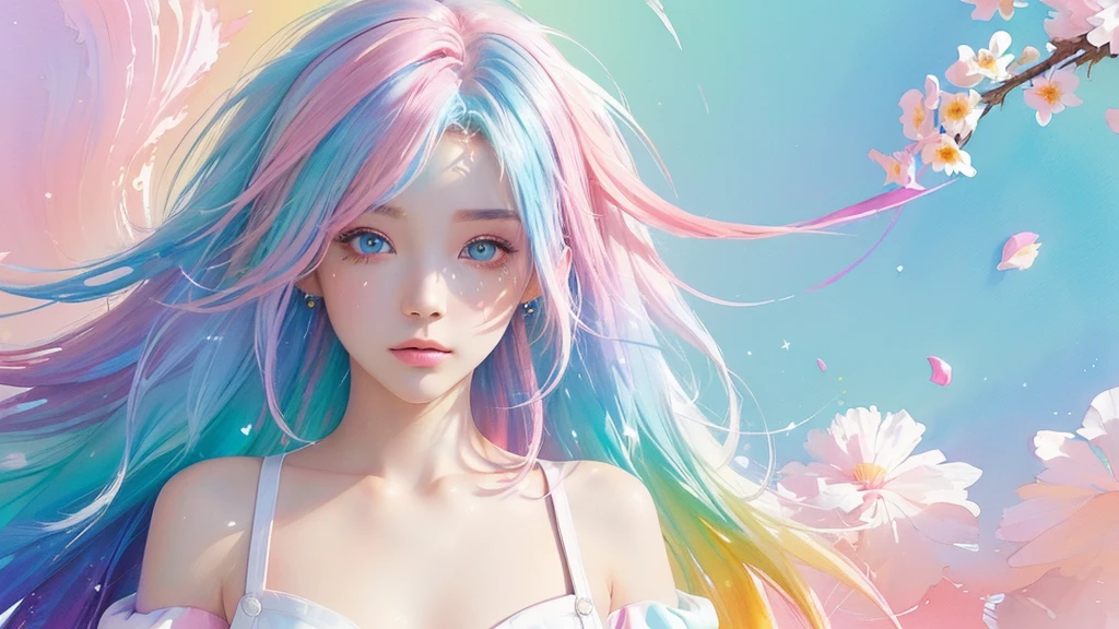 (Pink Fashion dress:1.9),(Colorful hair: 1.8), (all the colours of the rainbow: 1.8),(((((vertical painting:1.6))), (painting:1.6),front, comics, illustrations, paintings, large eyes, crystal clear eyes,( rainbow color gradient high ponytail:1.7), exquisite makeup, closed mouth,(Small Fresh: 1.5),(Wipe Chest: 1.6) ,long eyelashes, white off shoulder T-shirt, White Shoulder Shirt,looking at the audience, large watery eyes, (rainbow colored hair:1.6), color splash, (solo:1.8), color splash, color explosion, thick paint style, messy lines, ((shining)),(colorful), (colorful), (colorful), colorful, Thick Paint Style, (Splash) (Color Splash), Vertical Painting, Upper Body, Paint Splash, Acrylic Pigment, Gradient, Paint, Highest Image Quality, Highest Quality, Masterpiece, Solo, Depth of Field, Face Paint, colorful clothes, (Elegant: 1.2), gorgeous,long hair, wind, (Elegant: 1.3), (Petals: 1.4),(((masterpiece))),(((best quality))),((ultra-detailed)),(illustration),(dynamic angle),((floating)),(paint),((disheveled hair)),(solo),(1girl) , (((detailed anima face))),((beautiful detailed face)),collar,bare shoulders,white hair, ((colorful hair)),((streaked hair)),beautiful detailed eyes,(Gradient color eyes),(((colorful eyes))),(((colorful background))),(((high saturation))),(((surrounded by colorful splashes))),all bodies, same colored back grounds, Make the background bigger than the face, Mainly in the background, the face is small, I want the person to be on the right or left, angel image, Goddess, Goddess,sexy,soft,,fantastic,sparkling , The person is on the edge, (masterpiece, top quality, best quality,watercolor (medium),official art, beautiful and aesthetic:1.2),(1girl:1.3), (fractal art:1.3),upper body, from side, looking at viewer,patterns,(rainbow color Hair,colorful hair,half blue and half pink hair:1.2),water,liquid, cloud,colorful, starry,stars,,moon,star night, "Generate an image of the character with the background changed to a fantastical night scene, like O