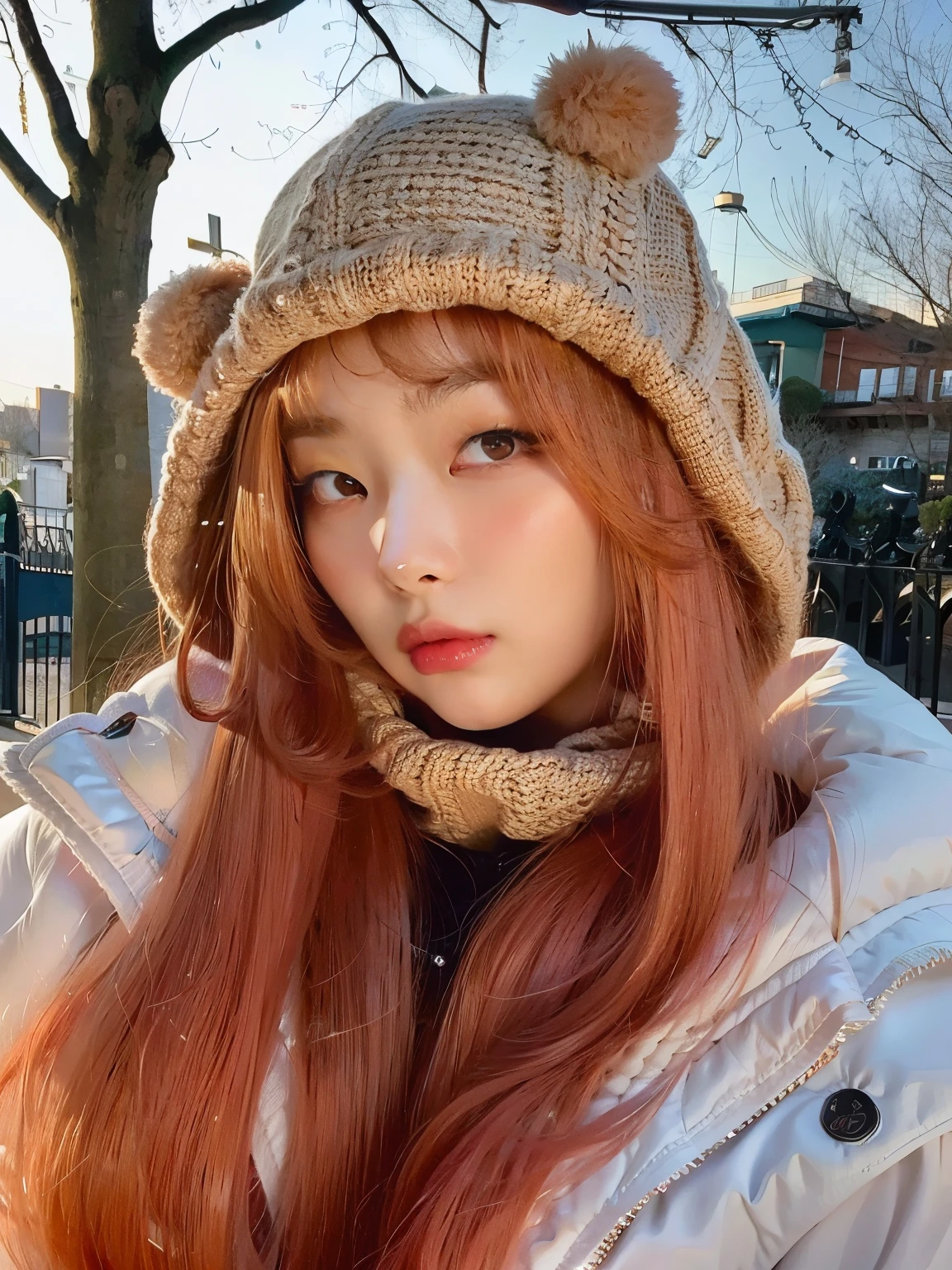 arafa woman with long red hair, wearing a white sweater and a white hat, lalisa manobal, Lalisa Manoban do Blackpink, ulzzang, long hair with bangs, the hime cut, cabelo comprido with bangs completa, jossi do blackpink, brown bangs, brown long hair with bangs, fluffy bangs, with bangs, with long hair, seulgi from red velvet face 