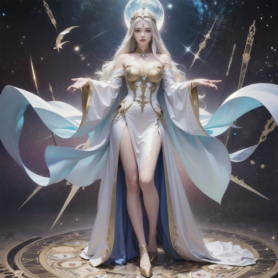 (Time Goddess:1.2) (ethereal presence:1.1) (flowing silver hair:1.1) (glowing blue eyes:1.1) (ancient clock motifs:1.2) (cosmic background:1.3) (golden gears and cogs:1.3) (shimmering robe:1.2) (celestial patterns:1.1) (delicate silver jewelry:1.1) (radiant in dark cosmos:1.4) (fantasy art:1.3) (hourglass in hand:1.3) (floating timepieces:1.3) (depth and dimension:1.3) (divine energy:1.2) (radiating wisdom and power:1.3) (hyper-realistic:1.2) (detailed textures:1.2) (exquisite lighting:1.2) (standing tall:1.3) (solemn and timeless:1.3) (full body height 2/3 of image:1.2) (supernatural and divine:1.4) (ultra-sharp details:1.4)