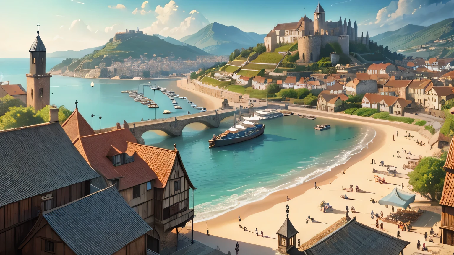 large medieval port town with wooden. vineyards and metal buildings, landscape in front of the beach showing a large crowd of people, fantasy art style, work of art, hyper detailed